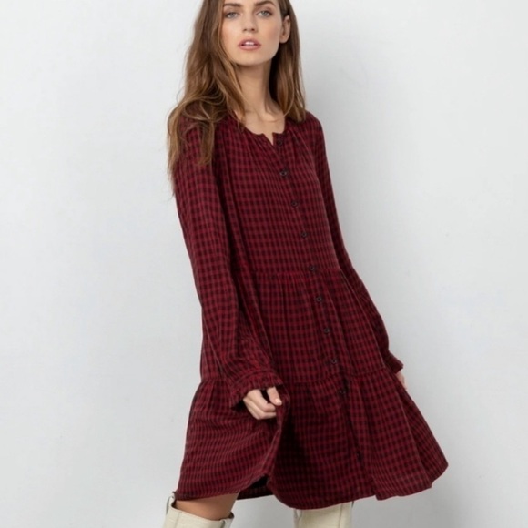 Rails Raine Garnet Ash Check Shirt Dress Long Sleeve Red Black Small K2 - Picture 2 of 13